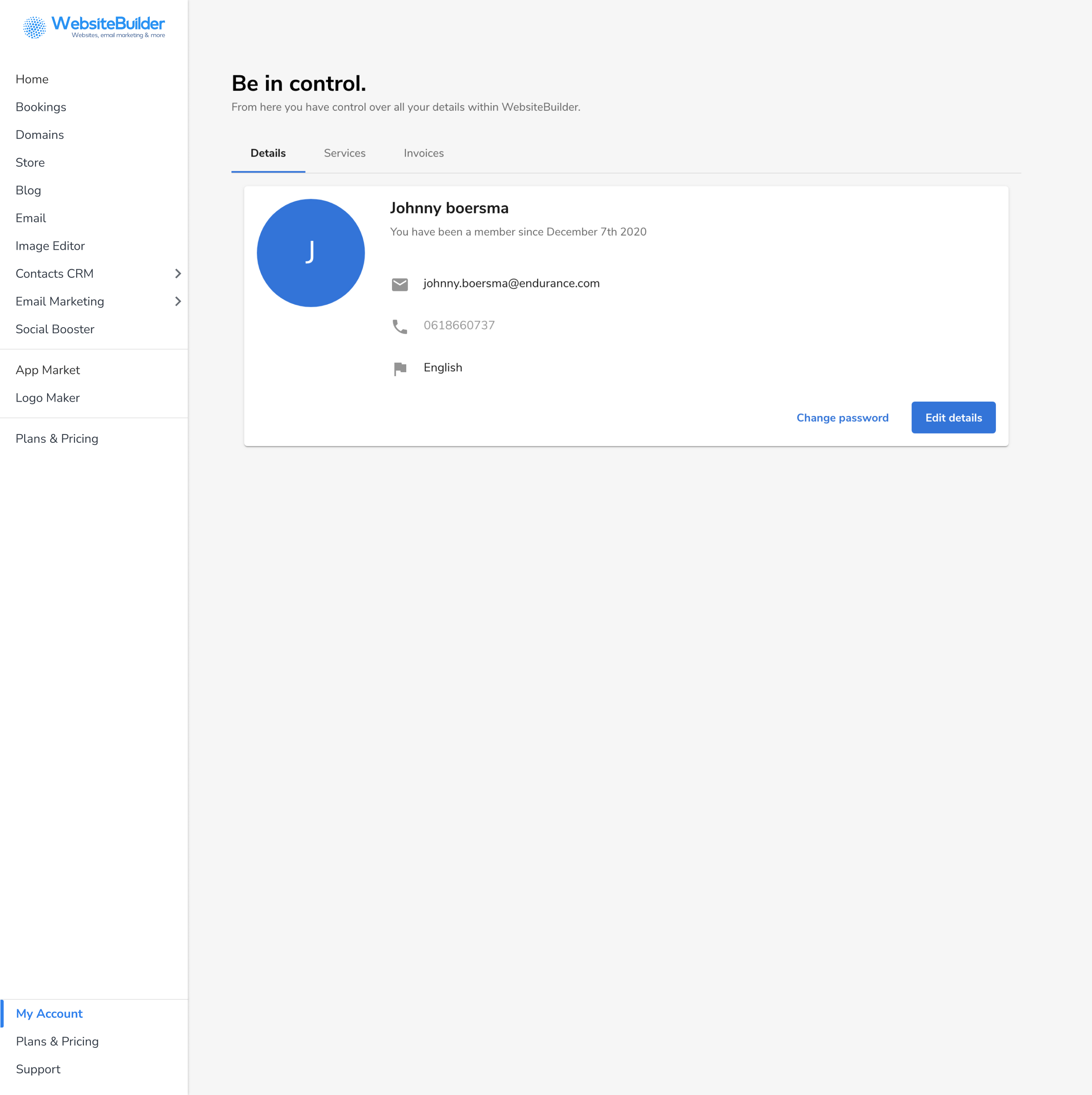 Account page Control Panel