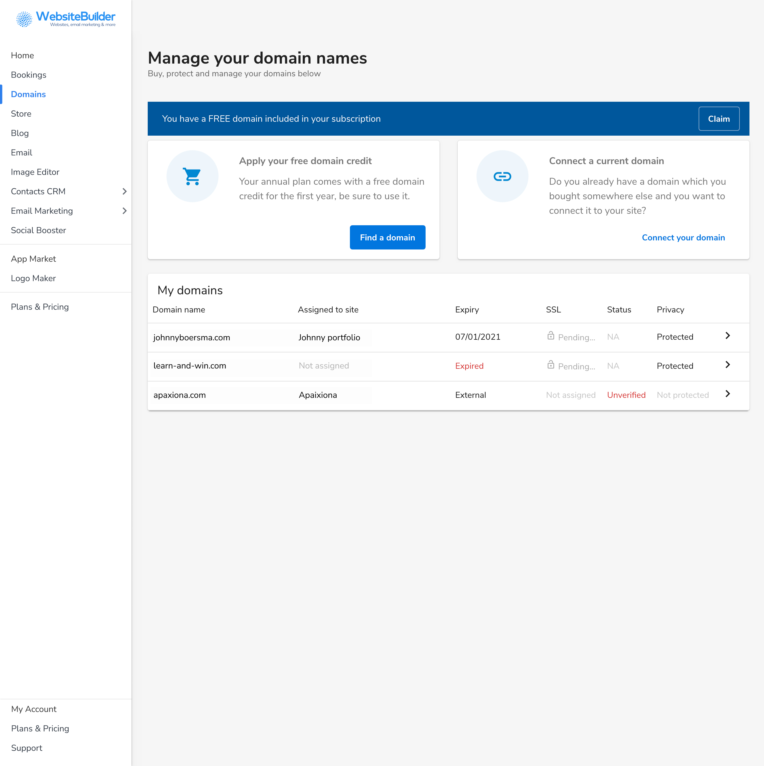 Domain page Control Panel