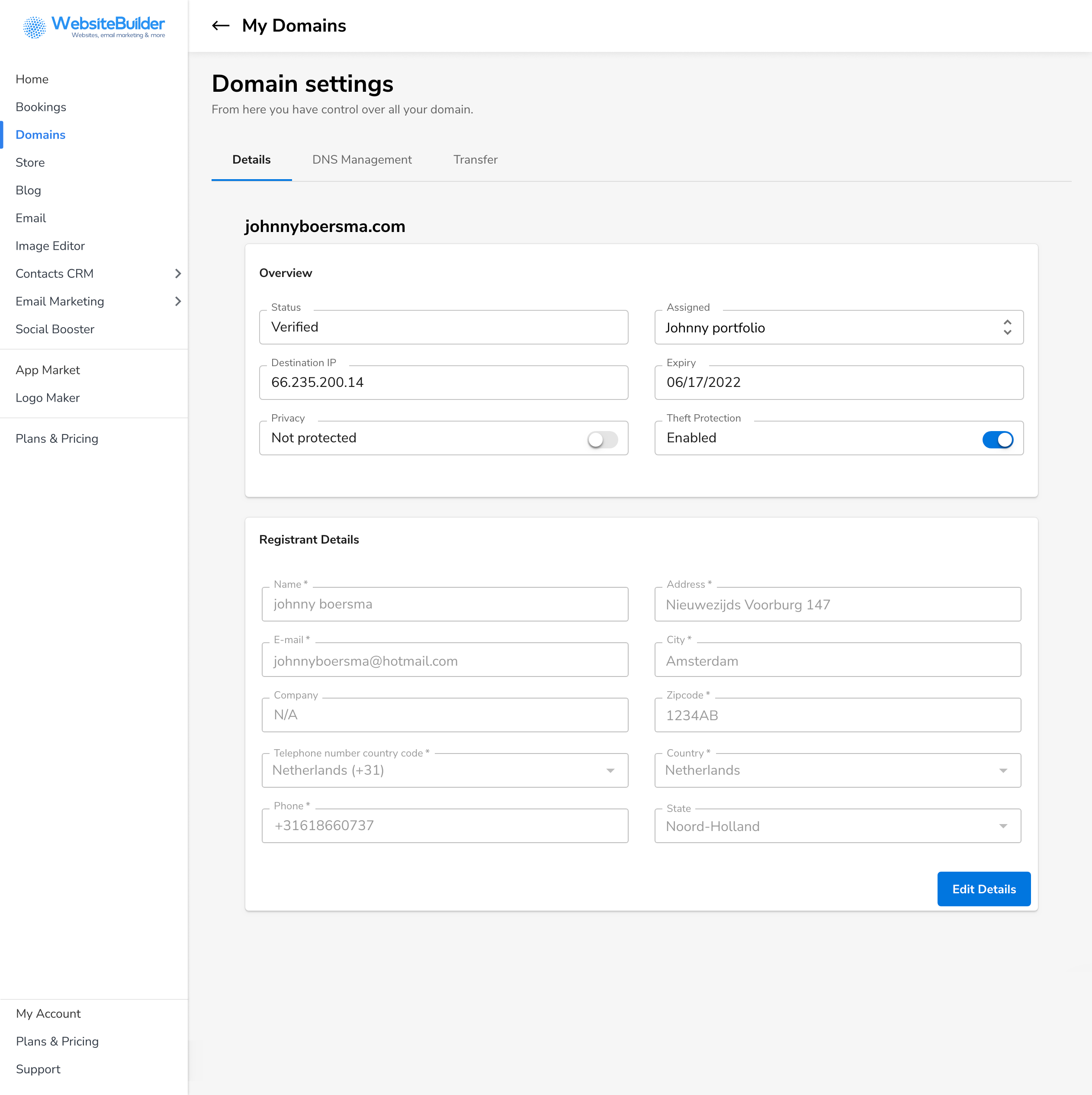 Domain Detail page Control Panel